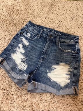 American Eagle Outfitters Distressed High-Rise Denim Shorts - Blue